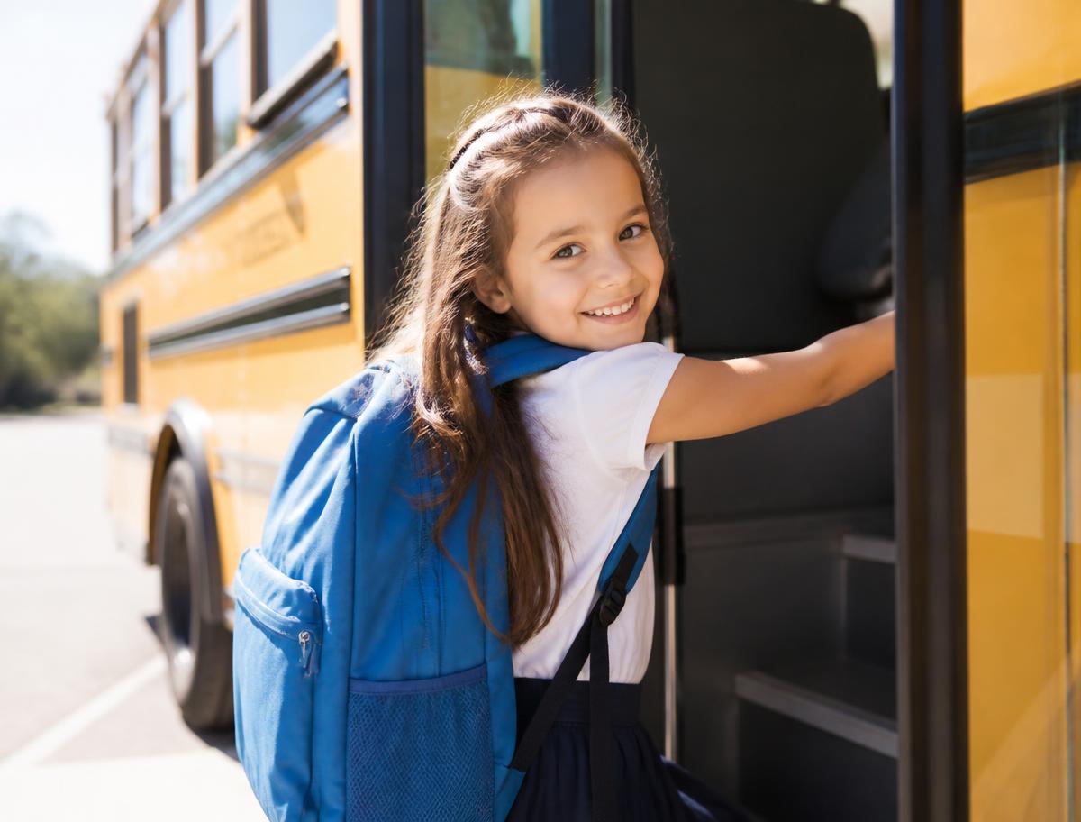 Smiling girl with a blue backpack boarding a yellow school bus